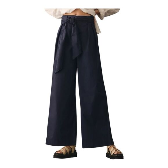 En Saison Pants - Anthropologie En Saison Marin Navy Wide Leg Embroidered Belt Trousers Large